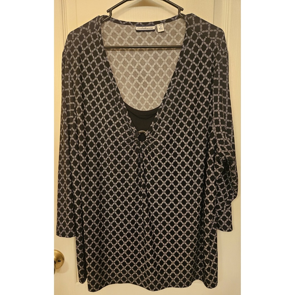 Croft & Barrow Womens Black White Polka Dot Popover Blouse Plus 3X Work Career